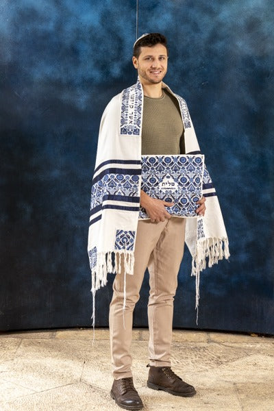 Fully Embroidered Tallit Set – Ancient Design – Blue