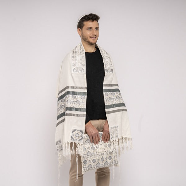 Fully Embroidered Tallit Set – Ancient Design – Silver