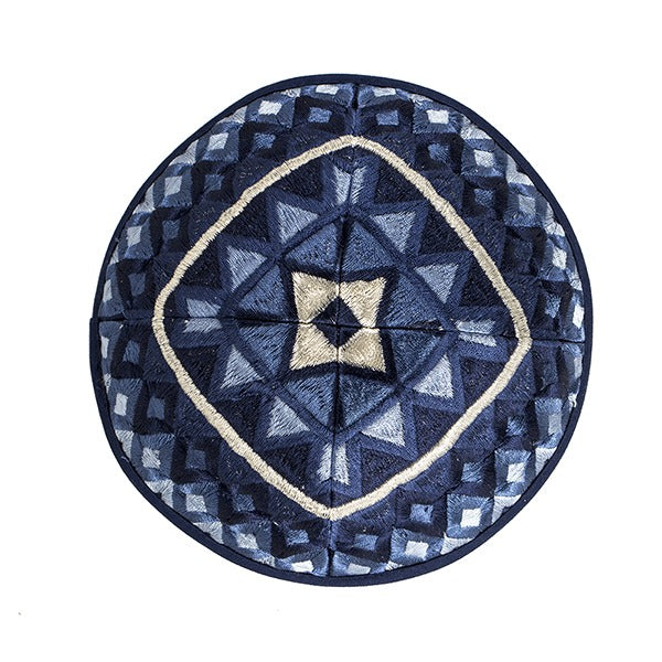 Embroidered Kippah – Squares Design – Blue