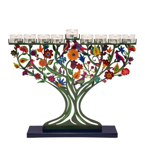 Large Laser-Cut Menorah – Hand-Painted Trees and Birds