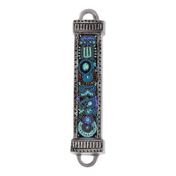 Metal Mezuzah Case with Embroidery – Turquoise