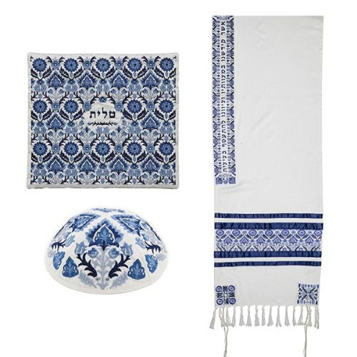 Fully Embroidered Tallit Set – Ancient Design – Blue