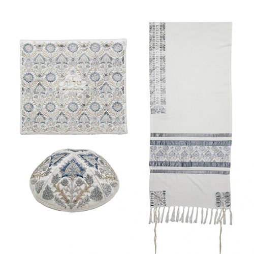 Fully Embroidered Tallit Set – Ancient Design – Silver