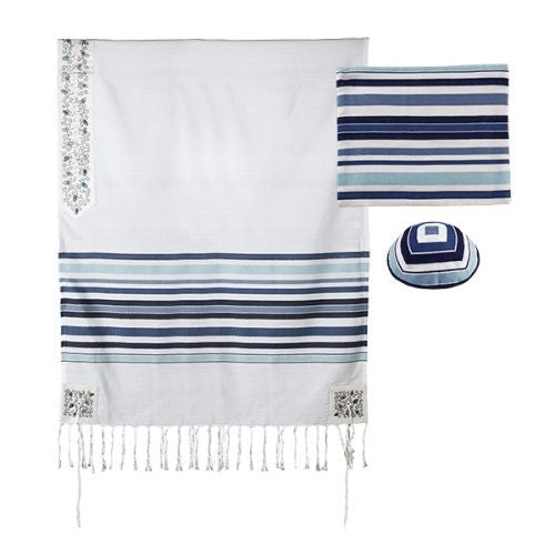 Woven Tallit Set – Blue Pomegranates (105 cm)