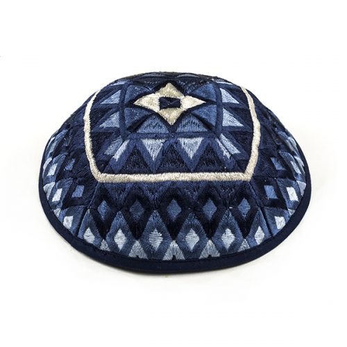 Embroidered Kippah – Squares Design – Blue