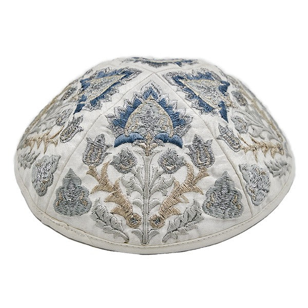 Embroidered Kippah – Ancient Design – Silver