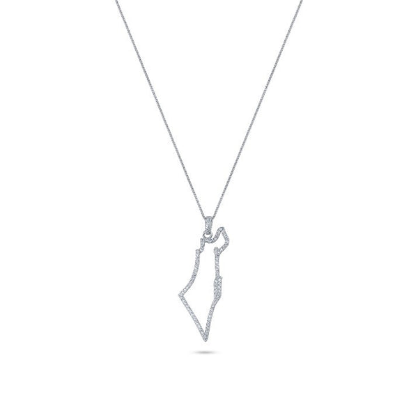 Silver Israel Map Necklace with Zircon Stones